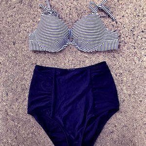 Aerie Navy Stripe Bikini Top & Solid Navy Bottom